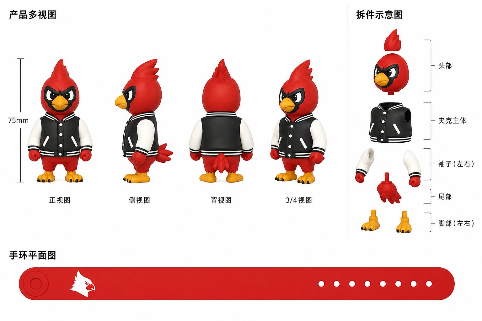 3D PVC mascot design views and part-split diagram
