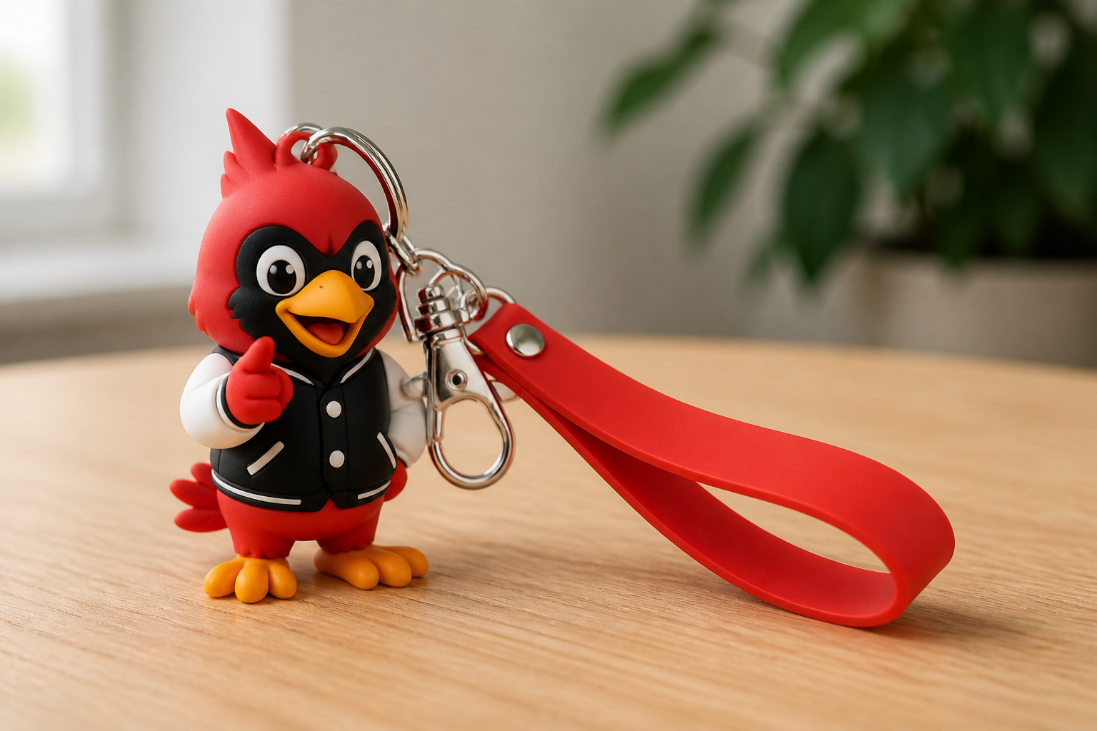Custom 3D PVC cardinal mascot keychain with wrist strap